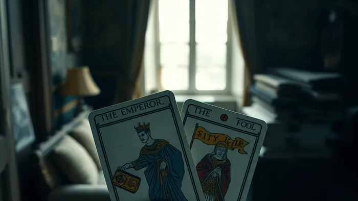 Символичное изображение: рука держит карты Таро Император и Шут на фоне интерьера старой квартиры в центре города в процессе ремонта.