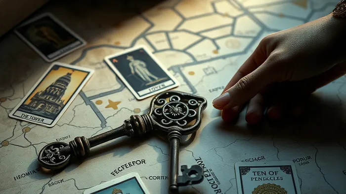 Символическое изображение выбора: ключ от старой квартиры на плане этажа, окружённый картами Таро, говорящими о рисках и возможностях.