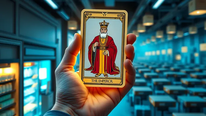 Символическое изображение: карта Таро "Император" как мост между уникальным авторским бизнесом и сетью франшиз. Концепция контроля и масштабирования.