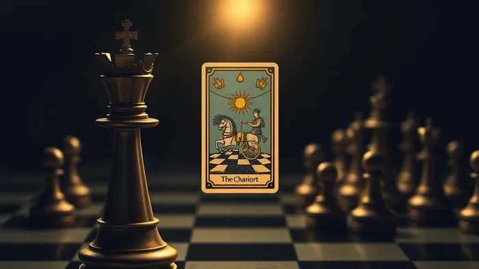 Символическое изображение дилеммы франшизы: шахматная доска делится на детализированную фигуру под контролем и ряд тиражированных фигур. Карта Таро Колесница парит между ними.