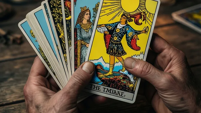 Руки раскладывают карты Таро на деревянном столе: Шут, Императрица, другие арканы. Бесплатное гадание как медитативная практика.