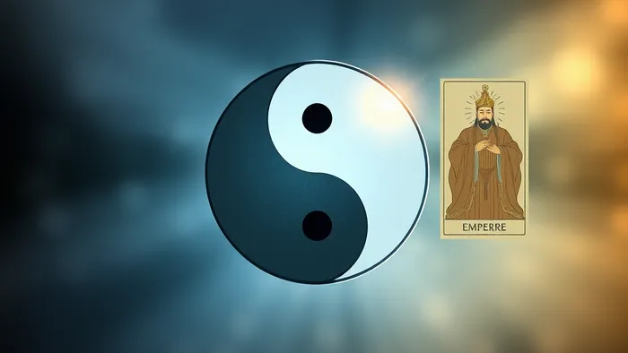 Символическое изображение гармонии Инь и Ян, переплетённое с арканами Таро Императрица и Император на мистическом фоне.