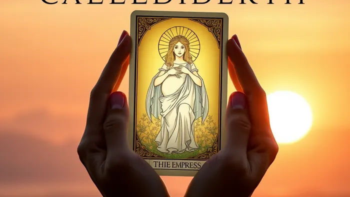 Символическое изображение для статьи о Таро и родах: руки женщины бережно держат светящуюся карту Таро Императрица на фоне восхода солнца.