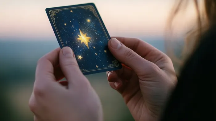 Руки человека бережно держат карту Таро Звезда на фоне утреннего неба. Карта символизирует надежду и внутренний свет.