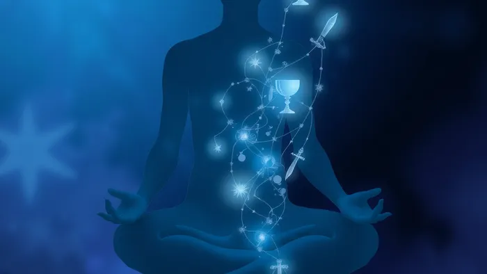 Символическое изображение связи тела и души через призму Таро: в прозрачном силуэте человека парят символы карт и звезды.