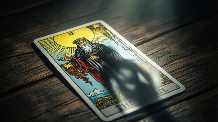 Символическая фотография карты Таро Отшельник или Звезда, лежащей в луче света на темном столе, с отражением одинокой фигуры в её поверхности. Иллюстрация к статье о гадании на причину одиночества.