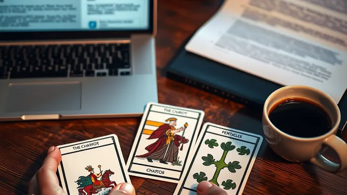Руки раскладывают карты Таро (Колесница, Император, Пентакли) рядом с ноутбуком на столе, символизируя анализ карьерной ситуации.