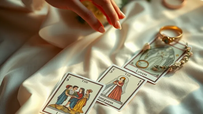 Расклад карт Таро на тему брака и свадьбы: карты Влюбленные, Десятка Кубков и Императрица на шелковой ткани.
