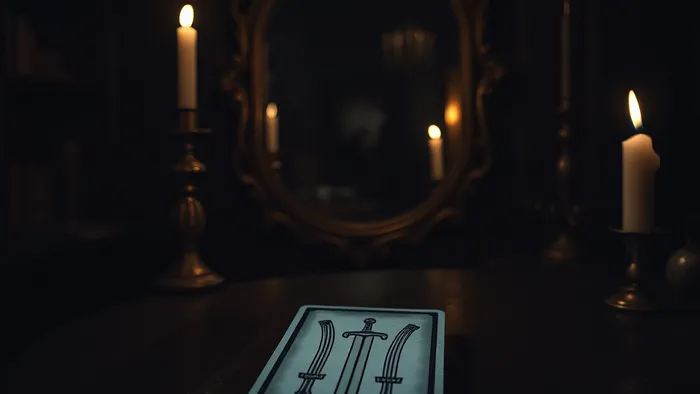 Карта Таро Семерка Мечей лежит на столе в таинственной комнате, а в зеркале на заднем плане видна смутная тень — символ скрытой угрозы.