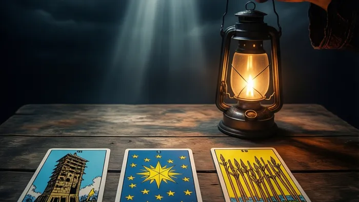 Рука держит зажженный фонарь над раскладом карт Таро на старом деревянном столе. Видны карты Башня, Звезда и Восьмерка Жезлов. Символический образ поиска пути в темноте с помощью мудрости Таро.