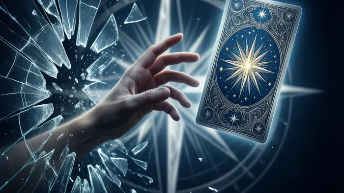Символическое изображение выхода из кризиса через Таро: рука тянется сквозь хаос к светящейся карте Звезда на фоне туманного компаса.