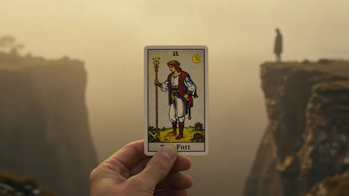 Карта Таро Шут над пропастью в золотистом тумане, символизирующая риск и начало нового пути