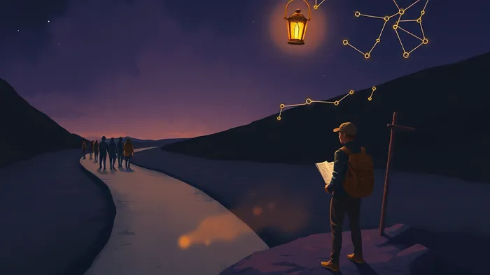 Символическое изображение развилки пути: толпа спешит по прямой дороге, а одинокий путник со светильником Отшельника изучает карту со звездами-арканами Таро.