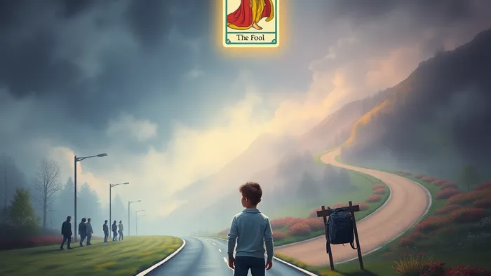 Символическое изображение выбора: прямая дорога в университет и извилистая тропа в неизвестность. Над развилкой парит карта Таро Шут.