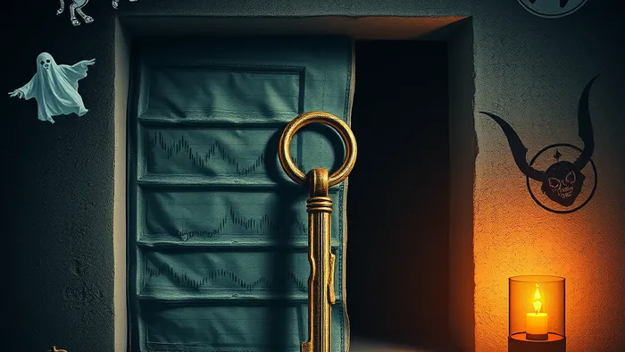 Символическое изображение дилеммы покупки гаража: ключ из денежных купюр не подходит к замку бетонного гаража, вокруг парят символы карт Таро — Колесница, Дьявол, Двойка Пентаклей.