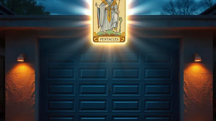 Символическое изображение: гаражные ворота и парящая над ними светящаяся карта Таро Император. Сумеречное время, магический свет.