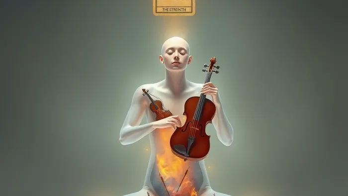 Символическое изображение гармонии души: человек как сосуд, внутри которого играет светящийся оркестр из стихийных инструментов, над головой парит карта Таро 'Сила'.