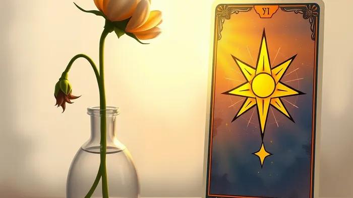 Символическое изображение увядающего цветка, тянущегося к свету от карты Таро «Звезда». Метафора поиска ресурса в состоянии истощения.