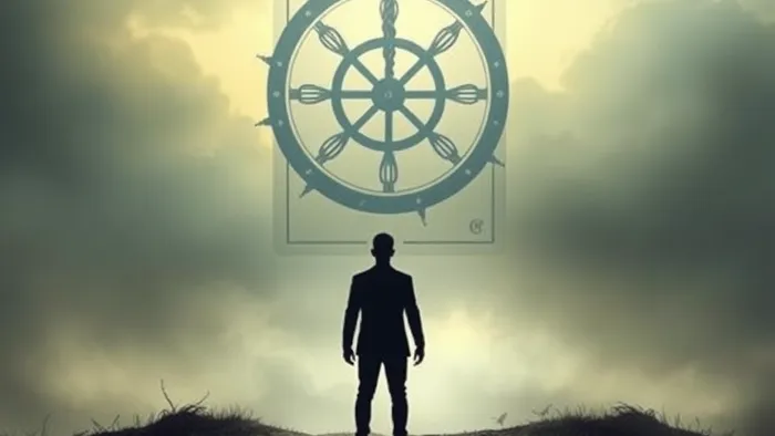 Символическое изображение человека на перекрёстке кармических путей с наложенным прозрачным Арканом Таро, иллюстрирующее выбор между повторяющимся сценарием и новым путём.