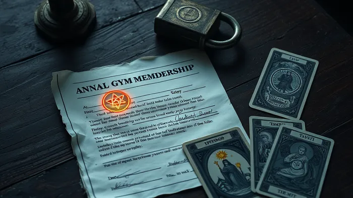 Символический натюрморт: старый договор на годовой абонемент в тренажерный зал, на нем лежит неиспользованый замок от шкафчика и раскрытые карты Таро Император, Семерка Кубков и Отшельник.