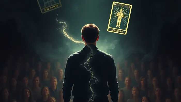Символическое изображение страха публичных выступлений: человек на сцене, аудитория как единая тень, а вокруг парят символические карты Таро — Башня, Девятка Мечей и Маг.