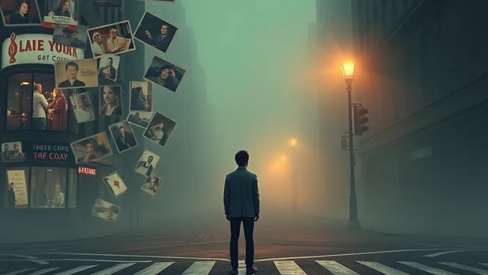 Метафорическое изображение человека на перекрёстке в туманном городе: одна дорога из призрачных воспоминаний, другая — в светлое будущее, на пути лежит карта Таро.