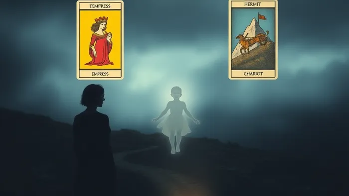 Символическое изображение женщины на перепутье: путь к семье и путь к уединению. Вокруг парят карты Таро — Императрица, Колесница, Отшельник.
