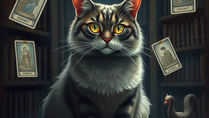 Сюрреалистичное изображение говорящей кошки в библиотеке среди парящих карт Таро, символизирующее связь снов и подсознания.