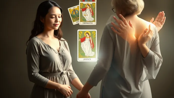 Символическое изображение двух поколений и карт Таро (Императрица, Сила, Правосудие), иллюстрирующее тему установления границ в воспитании детей между матерью и бабушкой.