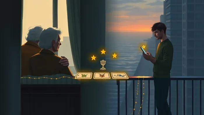 Символичное изображение разрыва и связи: родители в старом доме и эмигрант в США, соединенные мостом из карт Таро через океан.