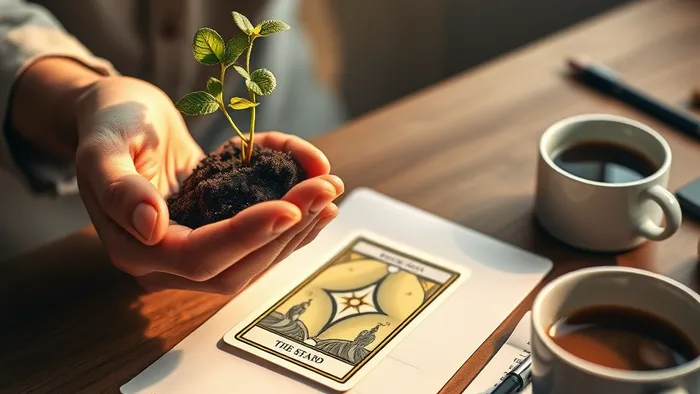 Символическое изображение этапа планирования бизнеса: ростки идеи в руках и карта Таро как инструмент для поиска внутренних ресурсов и ясности.