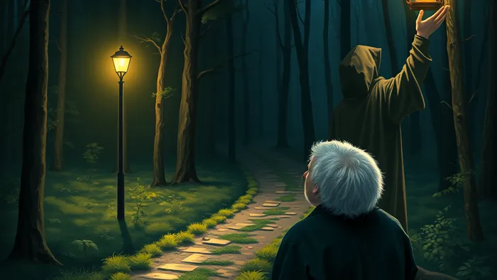 Символическое изображение человека на перекрёстке жизненных путей. Одна дорога — знакомая и унылая, другая — таинственная, освещённая фонарём аркана Таро «Отшельник», символизирующего внутреннее руководство при смене профессии.