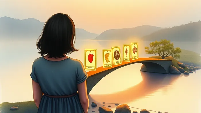 Символическое изображение женщины на пути к решению о беременности: мост из карт Таро через реку сомнений к освещенному берегу гармонии.