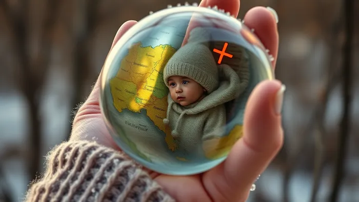 Женские руки держат хрустальный шар с символами материнства и медицины на фоне карт Таро Сила и Императрица.