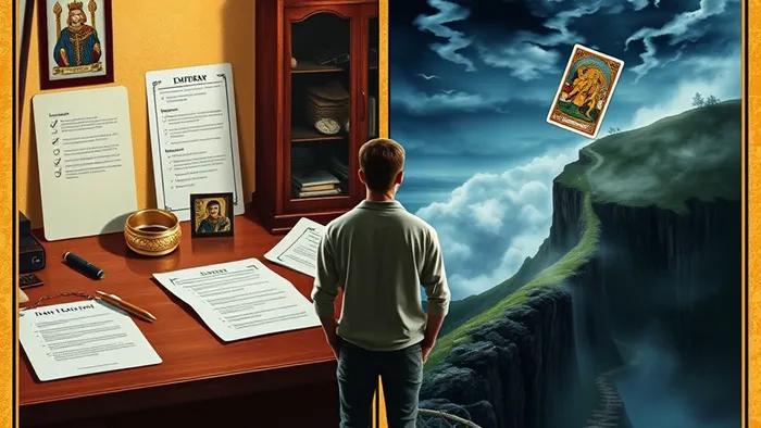 Визуальная метафора выбора: упорядоченная стабильность с картой Император против притягательной неизвестности с картой Влюбленные.