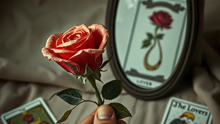Символичное изображение идеализации и реальности: увядающая роза и её идеальное отражение в разбитом зеркале, рядом карты Таро Влюблённые и Повешенный.