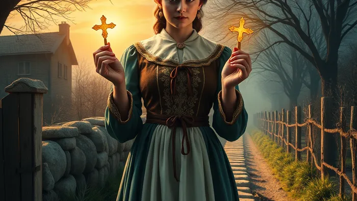 Женщина на перекрестке двух символических дорог с колодой карт Таро в руках, иллюстрирующая выбор между стабильностью и страстью