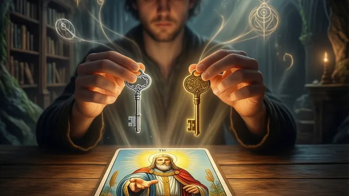 Символическое изображение архетипа Иерофанта чувства: человек в уединенном пространстве держит два светящихся ключа, глядя на карту Таро Иерофант, от которой исходит третий, личный ключ. Свет соединяет сердце человека с картой.