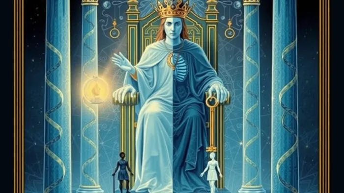 Символическая иллюстрация карты Таро Иерофант, сливающаяся с изображением человеческой психики: половина традиционная фигура, половина — схематичная карта сознания и бессознательного.