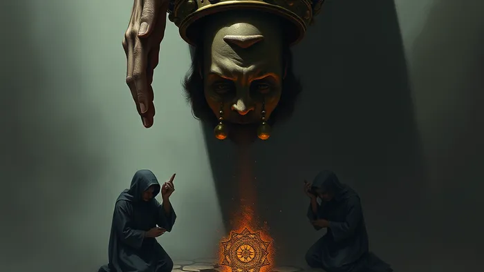 Символическое изображение перевернутого аркана Иерофант (Верховный Жрец) из колоды Таро. Падающая тиара, обратное благословение, ускользающие ключи. Символ кризиса традиции и личного духовного поиска.