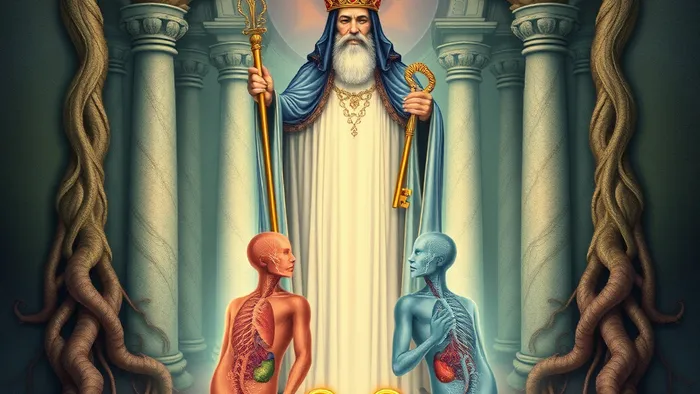 Символическая иллюстрация аркана Иерофант Таро в контексте здоровья: фигура целителя, внутренние системы тела учеников, скрещенные ключи и храм из живых тканей.