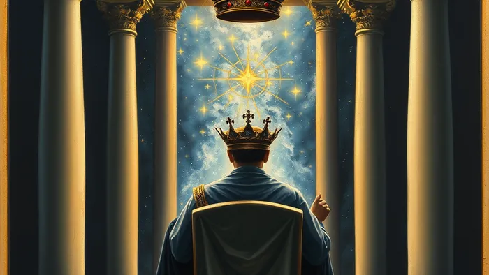 Архетип Иерофанта Таро: вид сзади трона, хранящего врата между мирами, с колоннами и сияющими ключами.