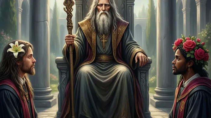 Символическое изображение Аркана Иерофант Таро: мудрец на троне между колоннами со скипетром и ключами, два ученика внимают ему.