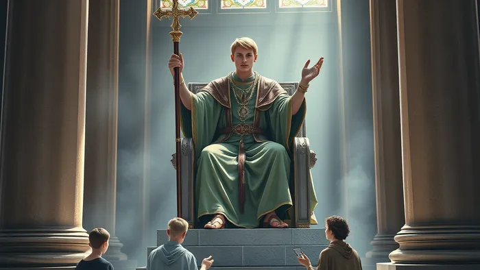 Аркан Иерофант (Верховный Жрец) из колоды Таро в реалистичном стиле: мудрая фигура в ритуальных одеждах благословляет двух учеников между колоннами храма, у ног — скрещенные ключи.