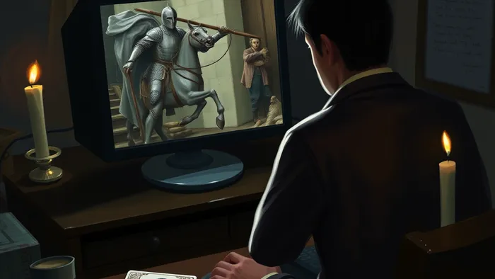 Человек за рабочим столом видит в мониторе свое отражение в виде колесничего Таро, борющегося со сфинксами, символизирующее внутренний конфликт при прокрастинации. На столе карта Луны и горящая свеча.