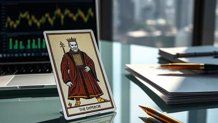 Карта Таро Император на рабочем столе рядом с финансовыми графиками на ноутбуке, символизирующая контроль и стратегию в управлении деньгами.