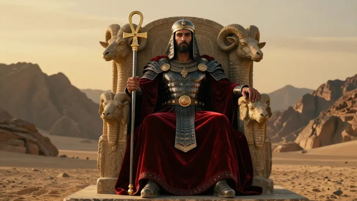 Карта Таро Император: величественный правитель в доспехах и красной мантии на каменном троне с символами Овна на фоне пустынных гор.