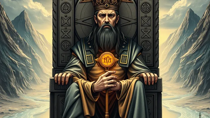 Детализированное изображение карты Таро Император: мудрый правитель на каменном троне со скипетром-анкхом на фоне гор.