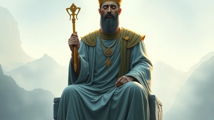 Аркан Император в состоянии глубокой медитации: закрытые глаза, спокойное лицо, скипетр в расслабленной руке, атмосфера тишины и внутренней силы.