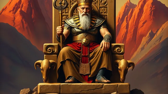 Архетип Императора из колоды Таро: властная фигура на каменном троне в суровом горном пейзаже, символы порядка и структуры.